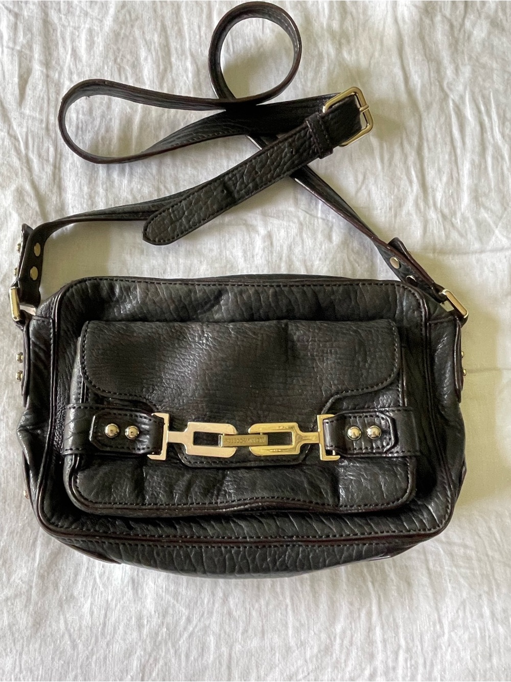 Rebecca Minkoff Black Leather Shoulder Bag with Gold Chain Accent